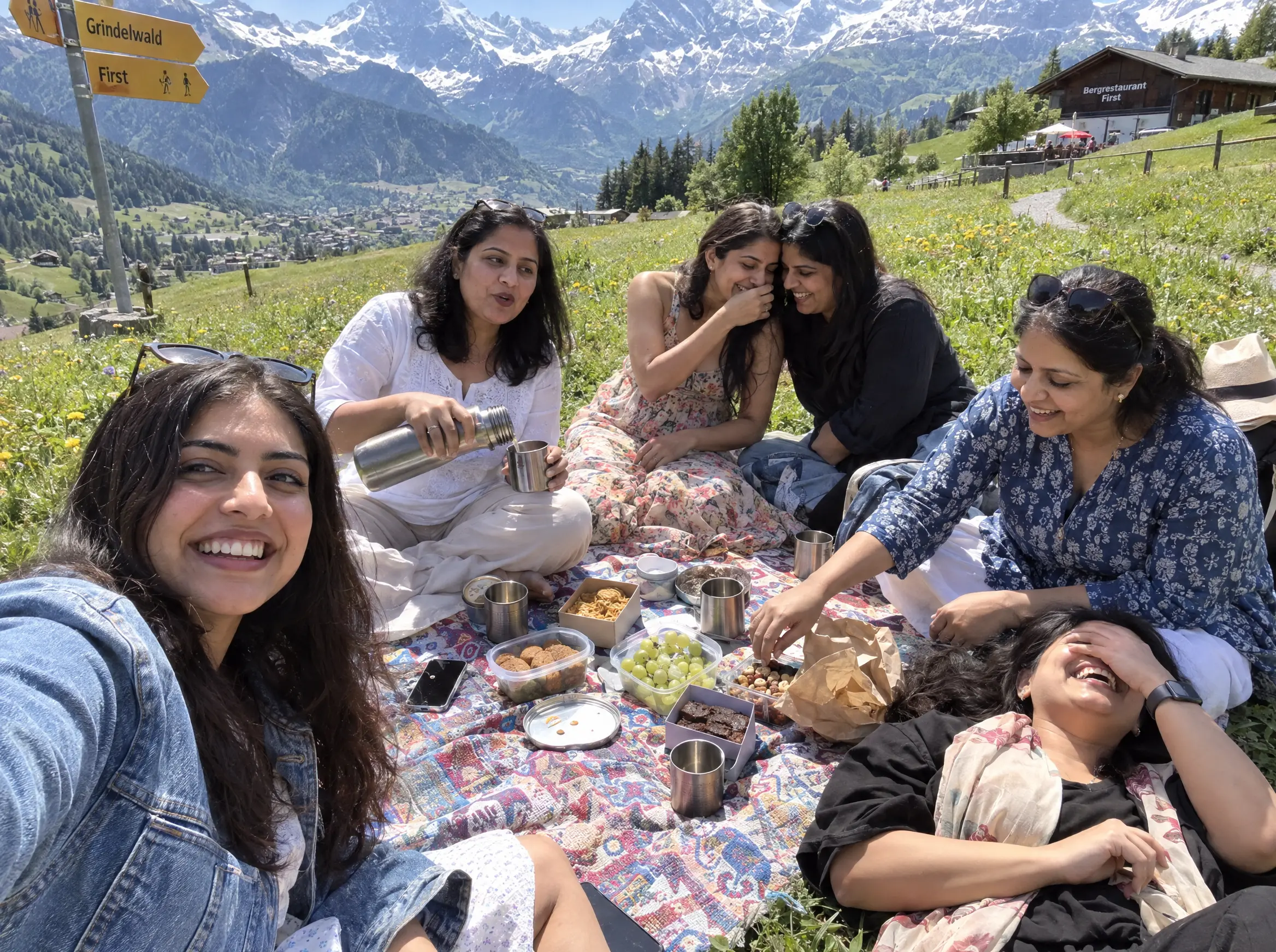 A group of women travellers picnicking beside a Grindelwald trail signpost, with the Swiss Alps behind them